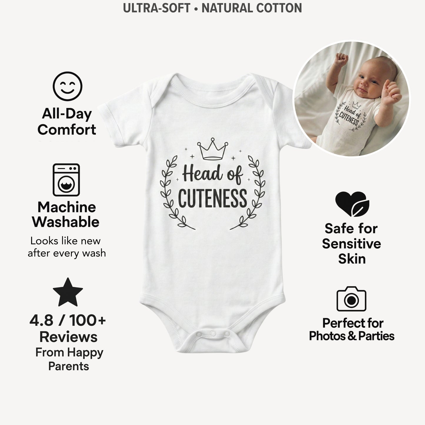 AMA™ "Head of Cuteness" – Funny Baby Bodysuit