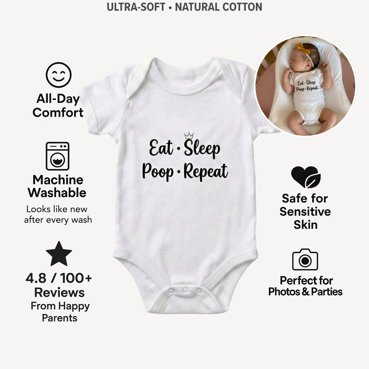 AMA™ "Eat Sleep Poop Repeat" – Funny Baby Bodysuit