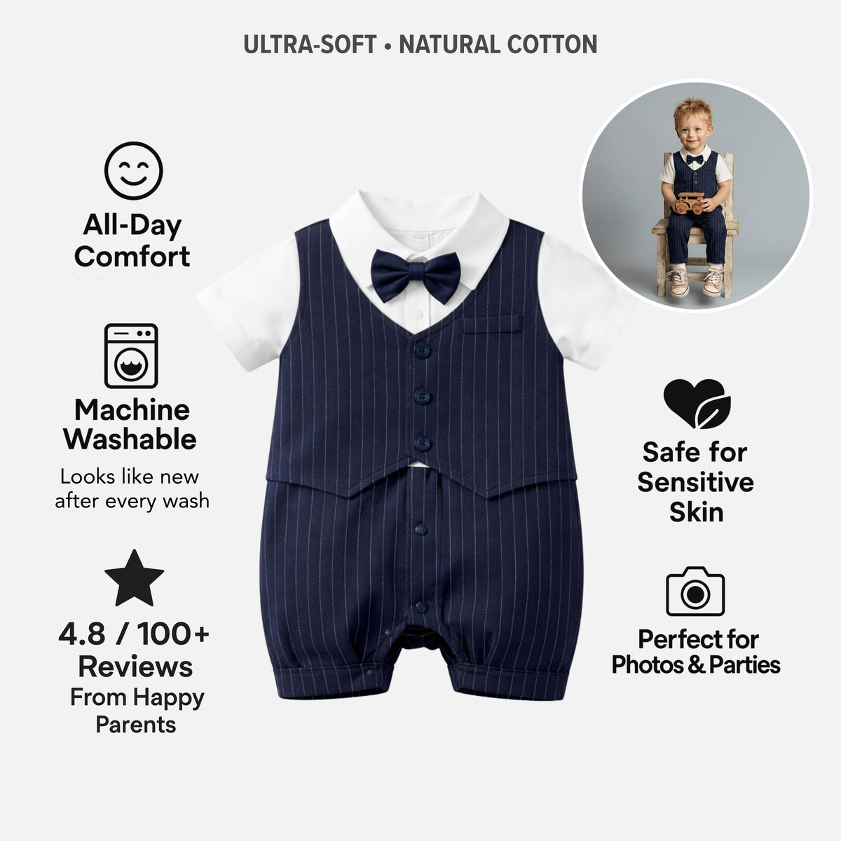 AMA™ Little Gentleman Bowtie Kids Romper