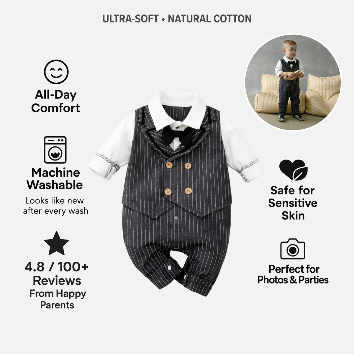 AMA™ Little Pinstripe Gentleman Kids Romper