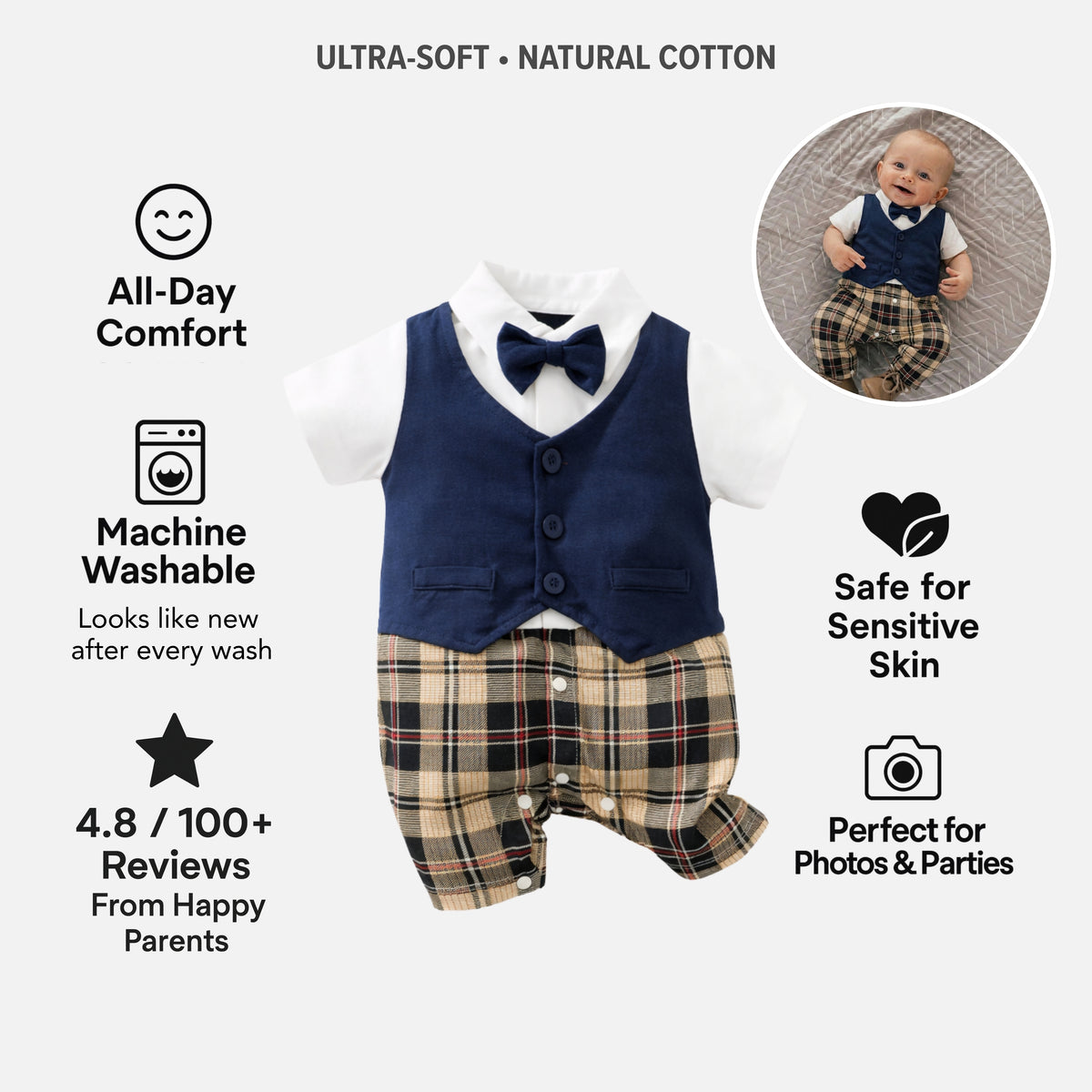 AMA™ Little Plaid Gentleman Kids Romper