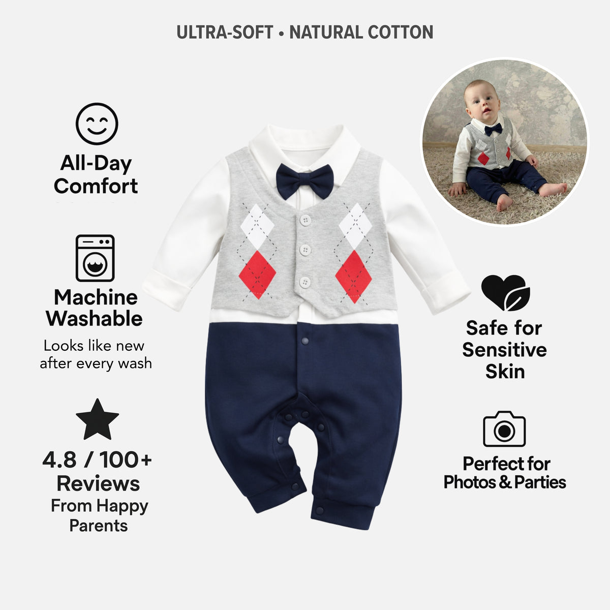 AMA™ Little Argyle Gentleman Kids Romper